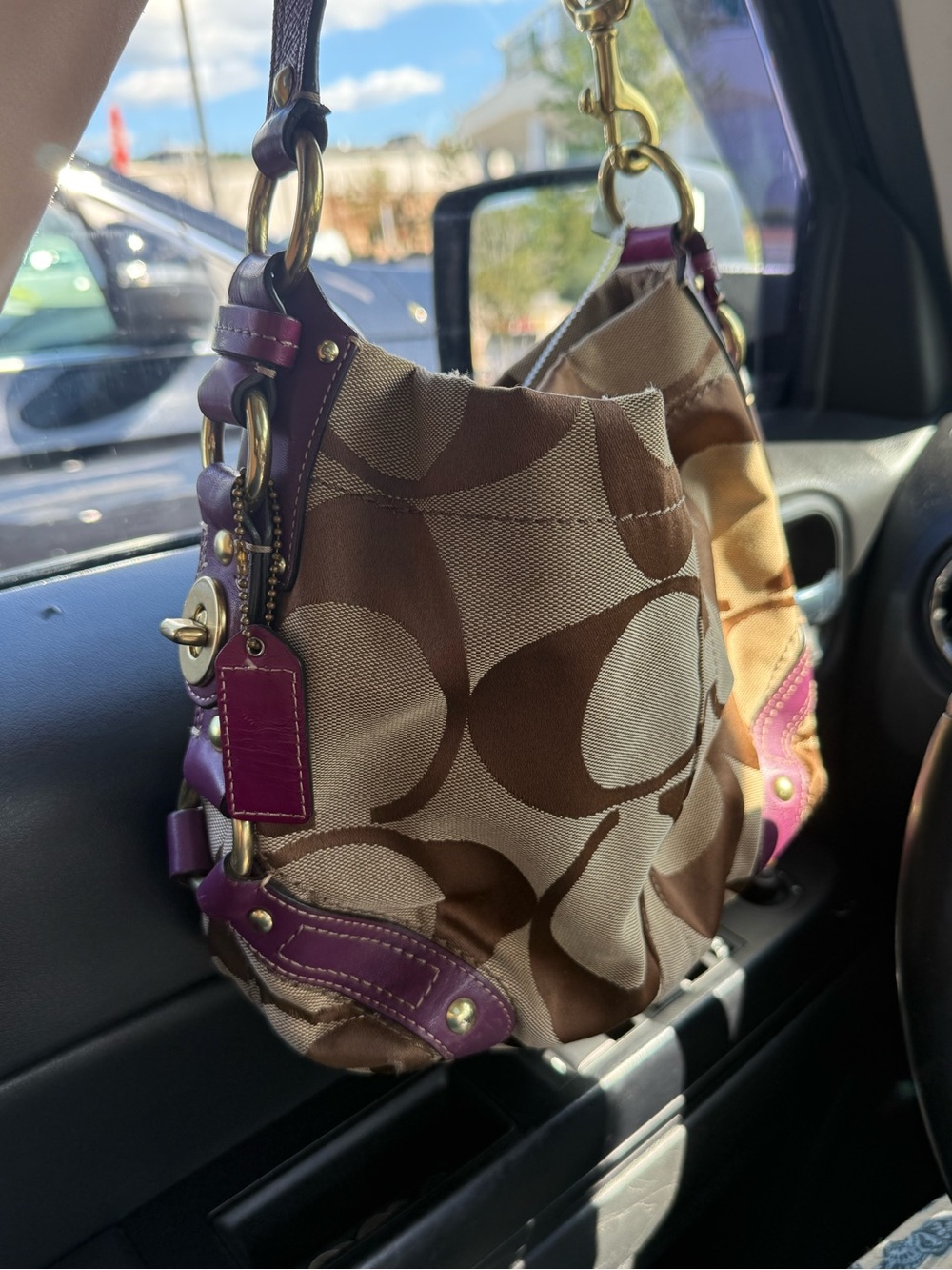 Coach Brown Signature Canvas Shoulder Bag with Pink Trim